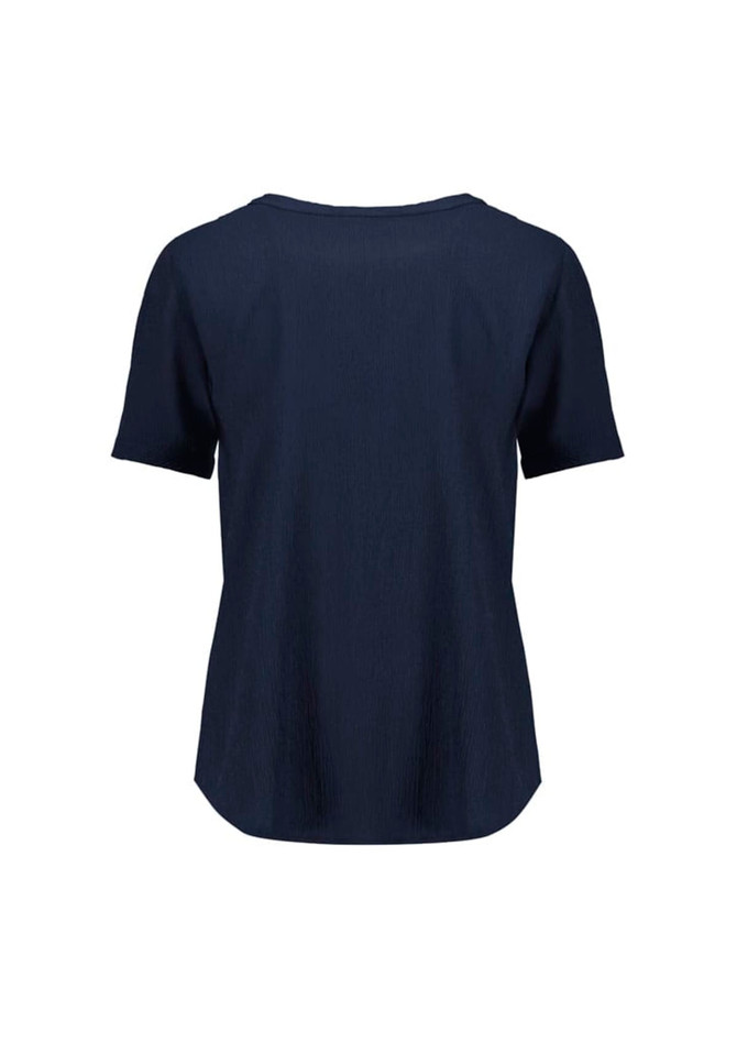 A navy blue women's blouse with short sleeves and a ruché texture, featuring a simple design and a logo.