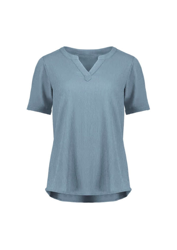 A short sleeve blouse in light blue, featuring a V-neck and a relaxed fit. It has a subtle ruché texture and a logo.