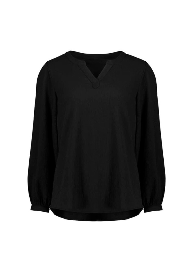 A black women's long sleeve blouse with a V-neck and gathered sleeves, featuring a subtle logo.