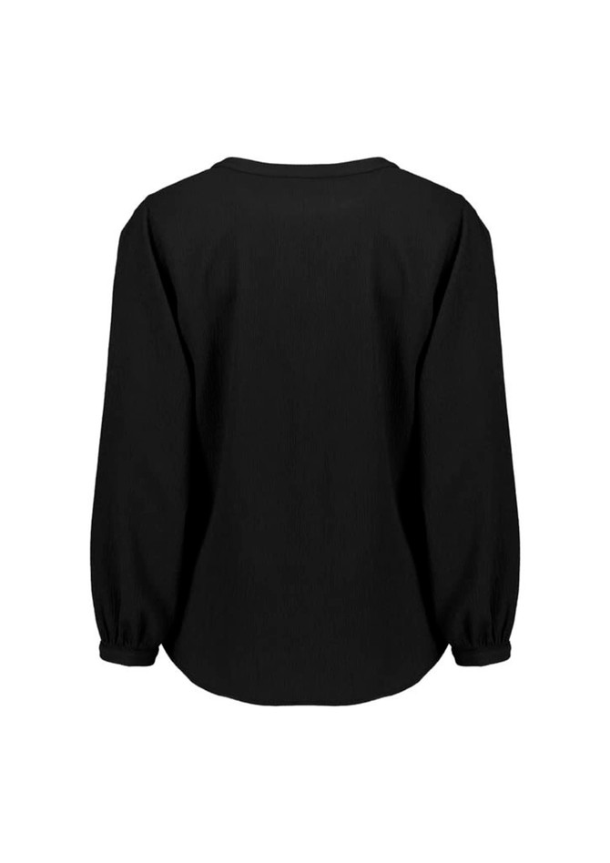 A black long sleeve blouse with ruching detail, featuring a relaxed fit and balloon sleeves.