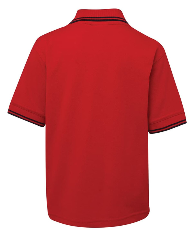 A red polo shirt featuring short sleeves and contrasting trim at the collar and sleeves, with a logo present.