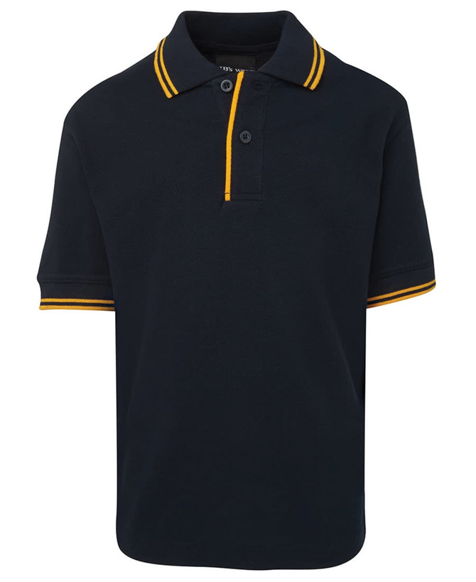 A navy polo shirt with yellow contrast stripes on the collar and sleeves. It features a two-button placket and a logo.
