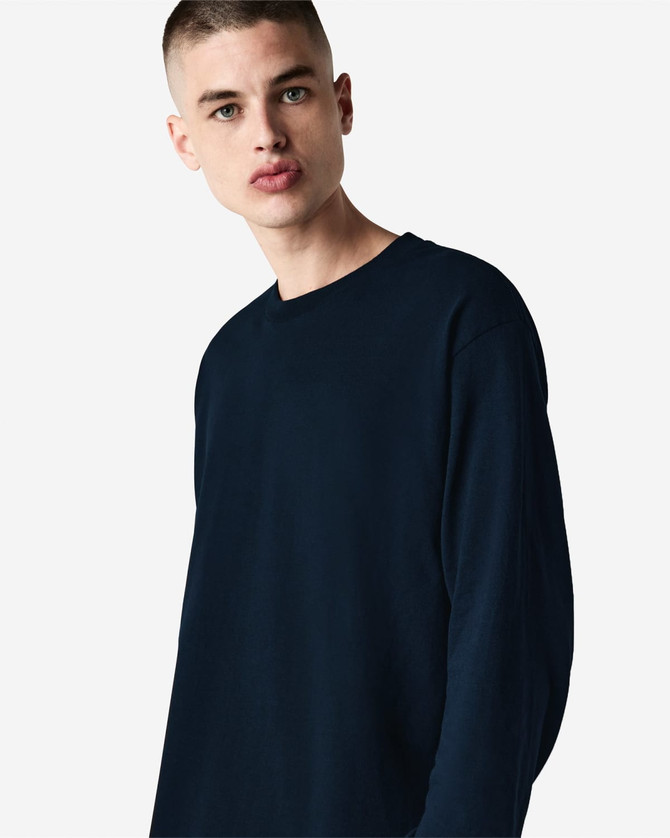 A long sleeve unisex T-shirt in navy blue with a relaxed fit and a logo detail.