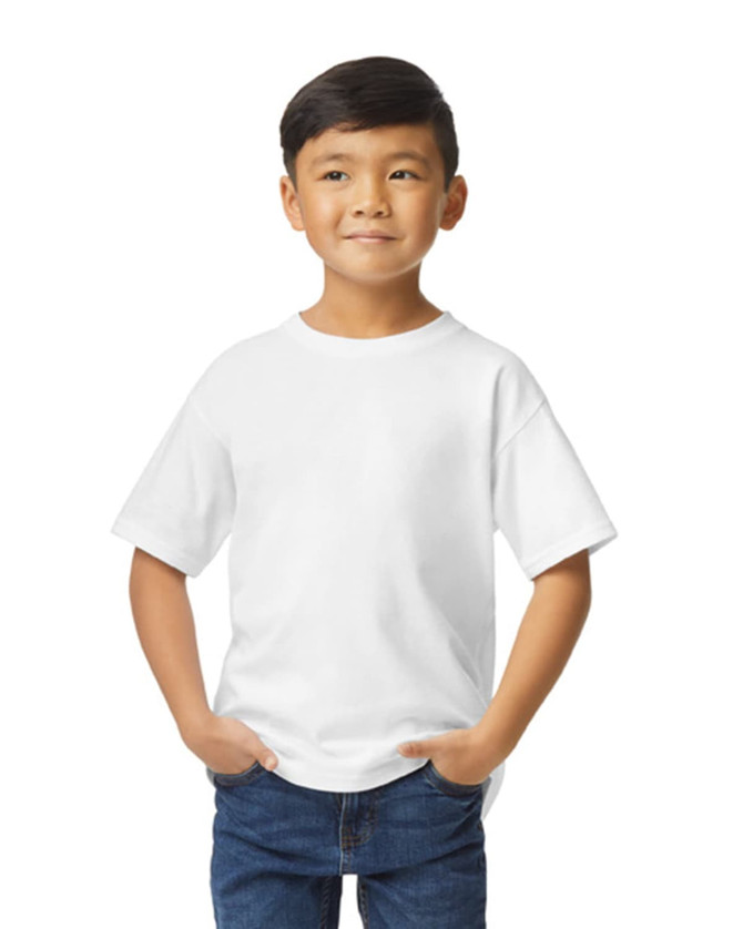 A youth midweight T-shirt in white, worn by a boy with hands in pockets, featuring a round neck and short sleeves.