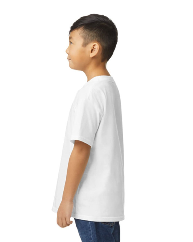 A white youth midweight T-shirt displayed on a child from the side, featuring a logo on the chest.