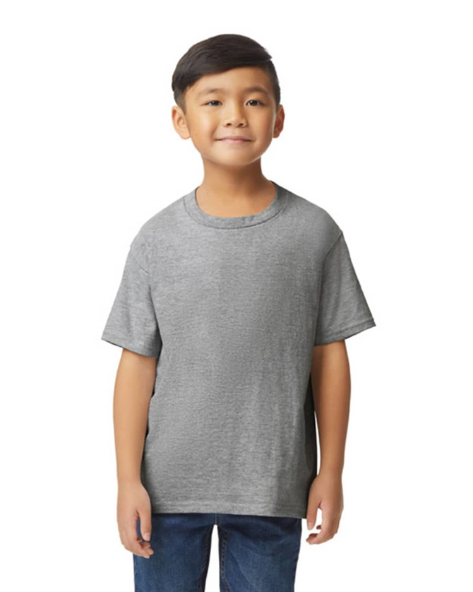 A youth midweight t-shirt in grey, featuring short sleeves and a round neckline, with a logo displayed.