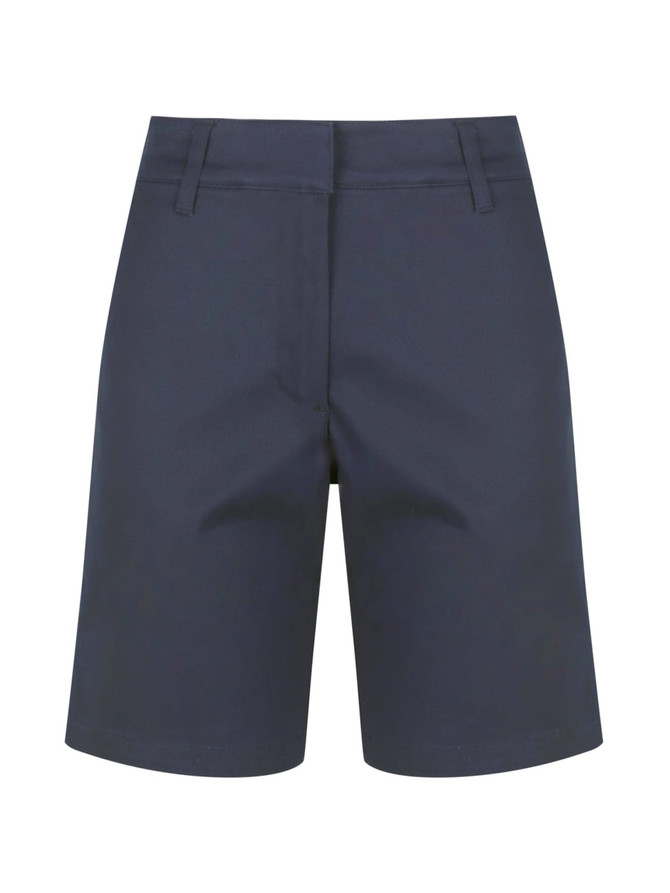 A navy pair of ladies chino shorts with a sleek design and front pockets, featuring a logo.