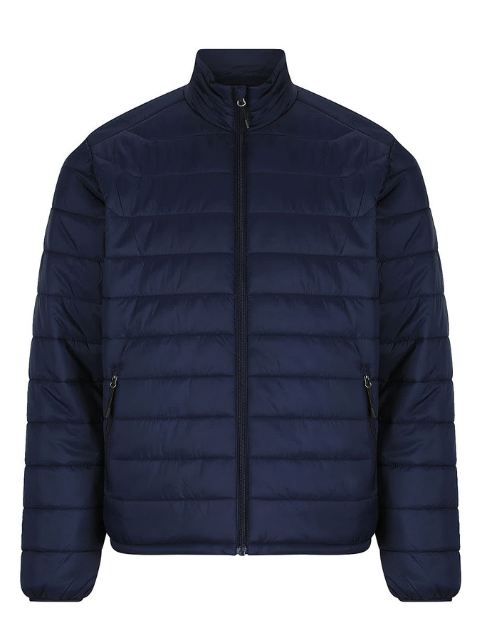 A navy puffer jacket for men featuring a zip-up front, stand collar, and side pockets. It has a simple logo.