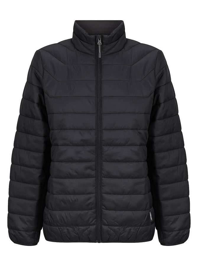 A black ladies' puffer jacket with a stand-up collar and zip closure, featuring quilted padding.