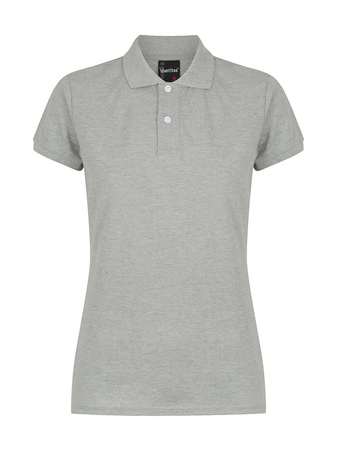 A grey ladies' polo shirt with short sleeves and a collar, featuring three buttons and a logo.