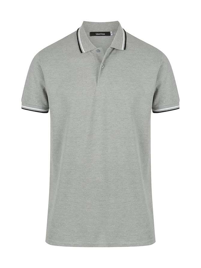 A grey men's polo shirt with a collar and striped detailing, featuring a logo on the chest.