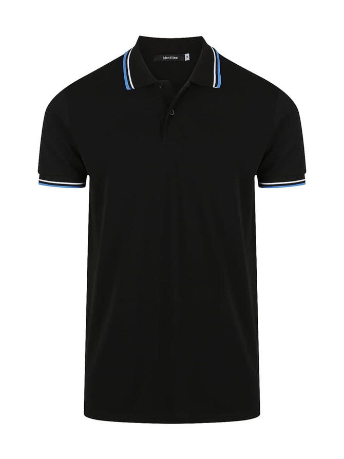 A black men's polo shirt featuring blue trim on the collar and sleeves, with a logo on the chest.