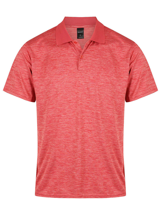 A red men's polo shirt featuring a subtle textured pattern and a collar. It includes a logo on the chest.