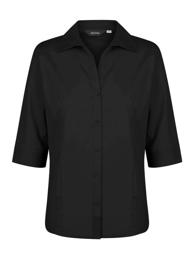 A black ladies' 3/4 sleeve button-up shirt featuring a collar and front button closure.