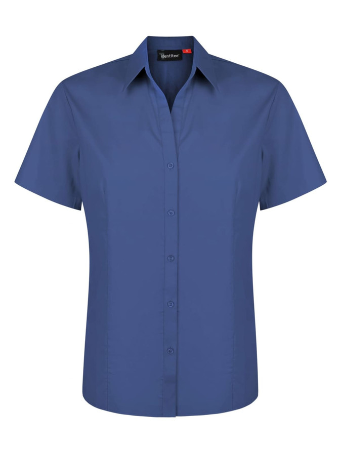 A ladies short sleeve button-up shirt in a deep navy blue colour, featuring a collared neckline and a button front.
