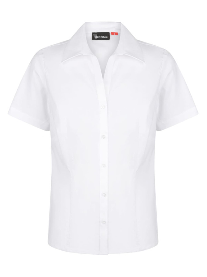A white short sleeve button-up shirt for ladies, featuring a classic collar and a logo on the inside.