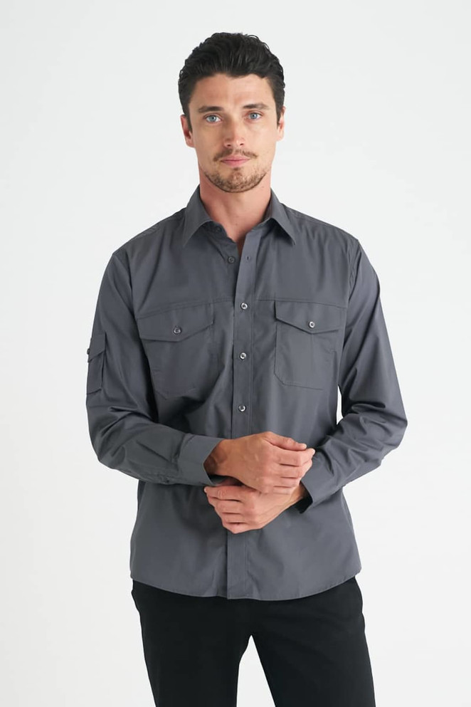 A grey long sleeve button-up shirt for men, featuring two chest pockets and a logo.