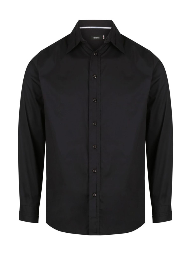 A black long sleeve button-up shirt featuring a classic collar and front buttons. It has a logo on the label.