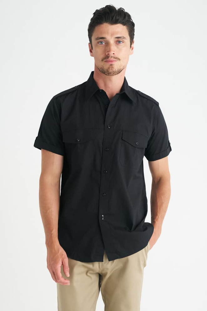 A black men's short sleeve button-up shirt features two chest pockets and a logo.