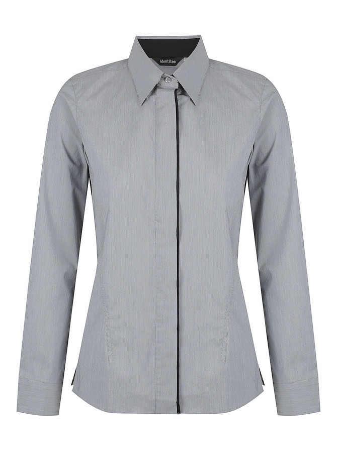 A ladies long sleeve button-up shirt in a light grey fabric with black trim details. Features a classic collar and sleek design.