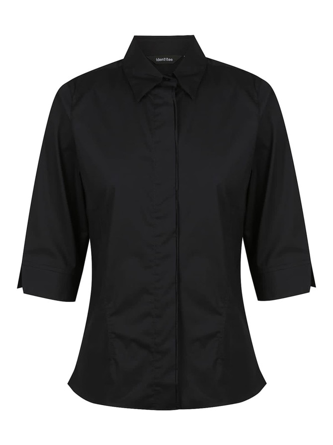 A black ladies' 3/4 sleeve button-up shirt with a fitted design and collar, featuring a logo.
