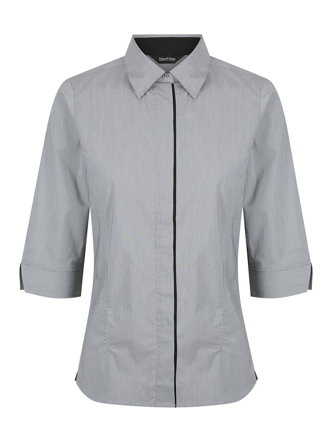 A grey ladies' 3/4 sleeve button-up shirt featuring a simple design and a logo.