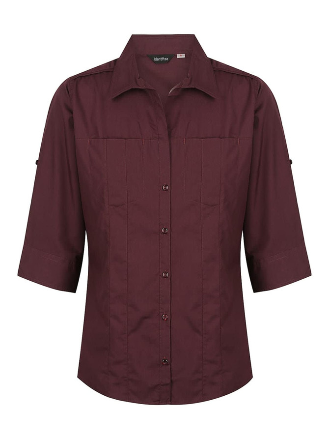 A maroon ladies' 3/4 sleeve button-up shirt with front pockets and a logo on the collar.