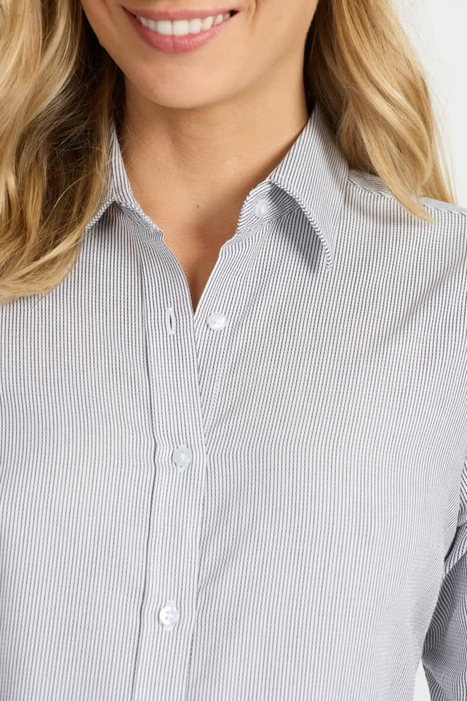 A button-up shirt featuring a striped pattern in shades of grey and white, with a classic collar and 3/4 sleeves.