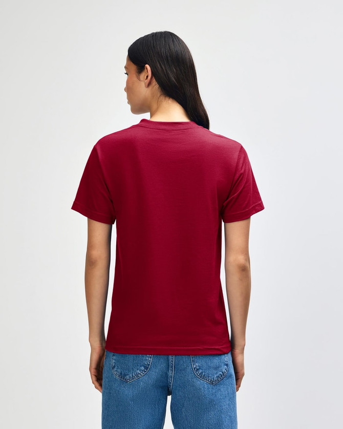 A heavyweight cotton unisex T-shirt in burgundy, featuring a simple design and a logo on the back.