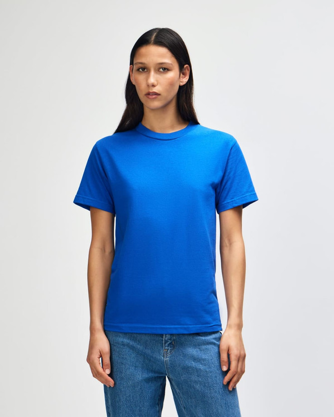 A blue heavyweight cotton unisex T-shirt displayed on a model, featuring short sleeves and a simple design.
