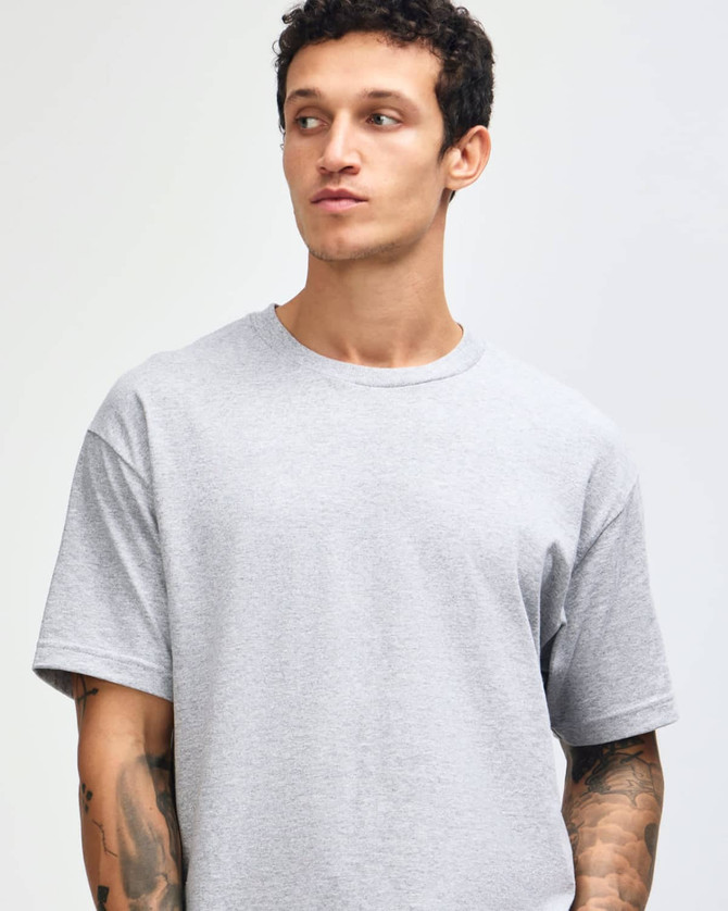 A lightweight grey unisex T-shirt with a classic crew neck and short sleeves. Features a branding logo.