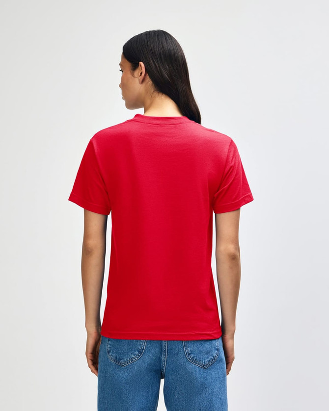 A red heavyweight cotton unisex T-shirt displayed from the back, featuring a logo.
