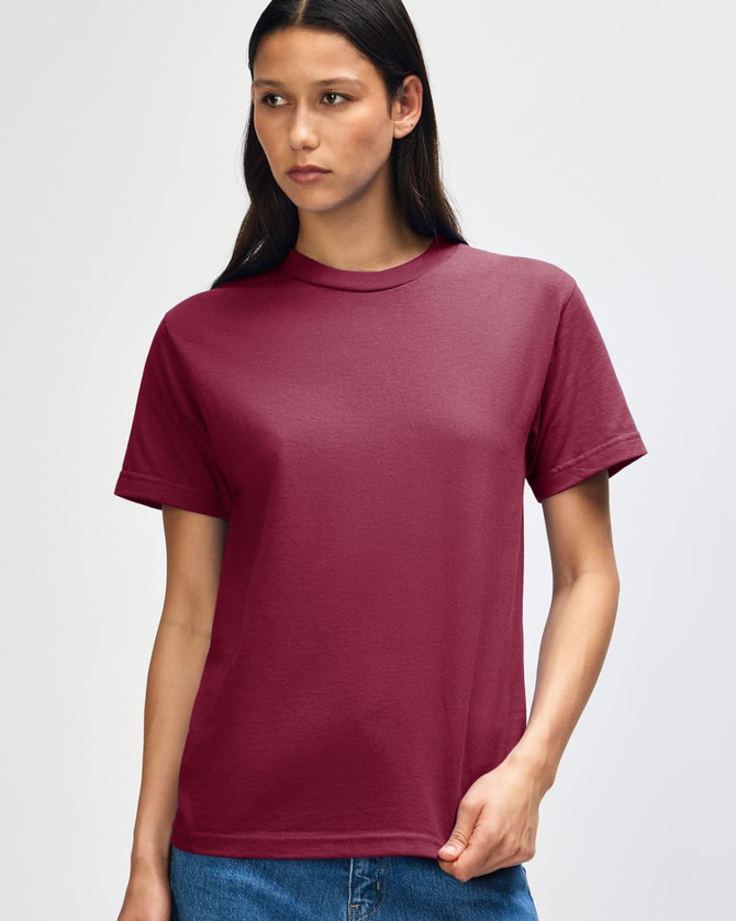 A maroon heavyweight cotton unisex T-shirt with short sleeves and a simple design. It has a logo on the chest.