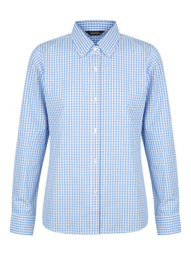 A blue and white checkered long sleeve button-up shirt with a collar and a logo on the chest.