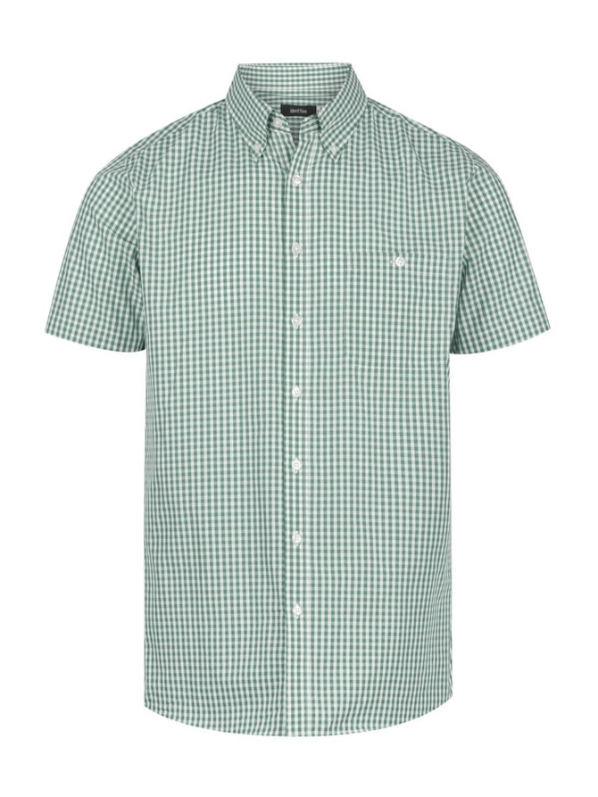 A green and white checked men's short sleeve button-up shirt featuring a logo on the chest.