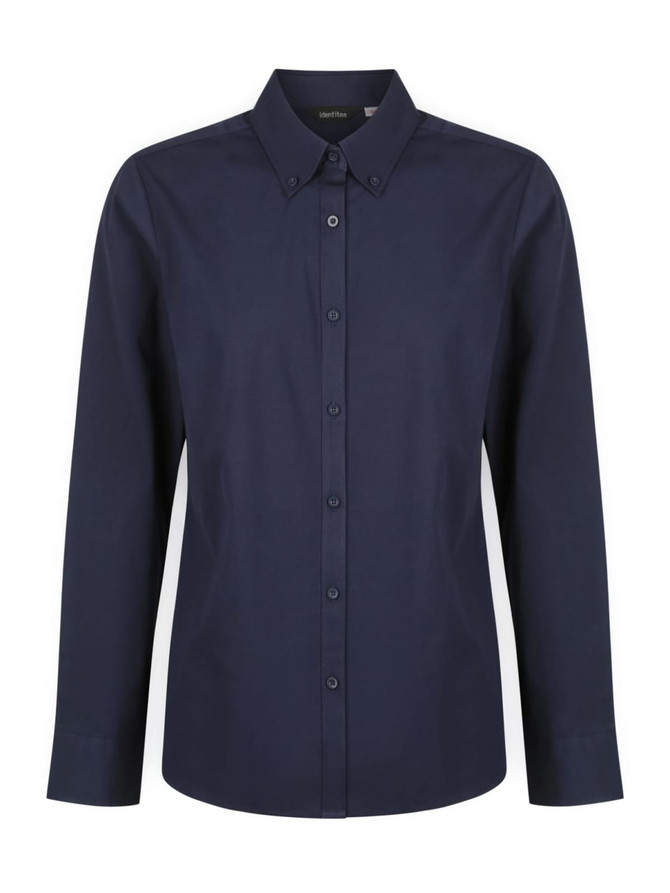 A ladies long sleeve button-up shirt in navy blue, featuring a collar and front buttons. It has a logo on the label.