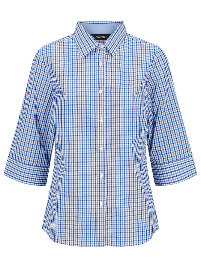 A button-up shirt featuring a blue and white check pattern, with 3/4 sleeves and a collar. It has a logo on the label.