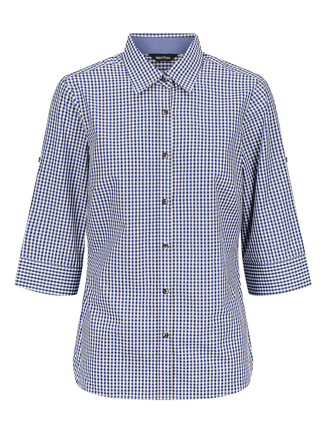 A blue and white checkered 3/4 sleeve ladies button-up shirt with a collar and a logo.