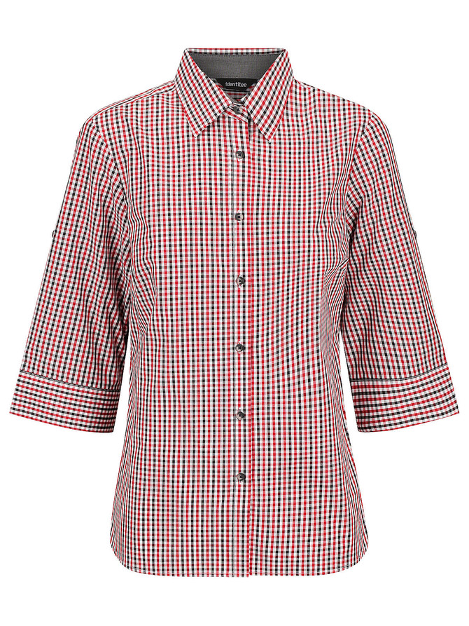 A red, black, and white checkered ladies' 3/4 sleeve button-up shirt with a logo.