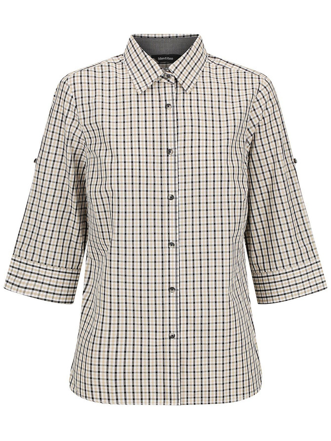 A button-up shirt in a checkered pattern with 3/4 sleeves, featuring navy and cream colours. Includes a logo.