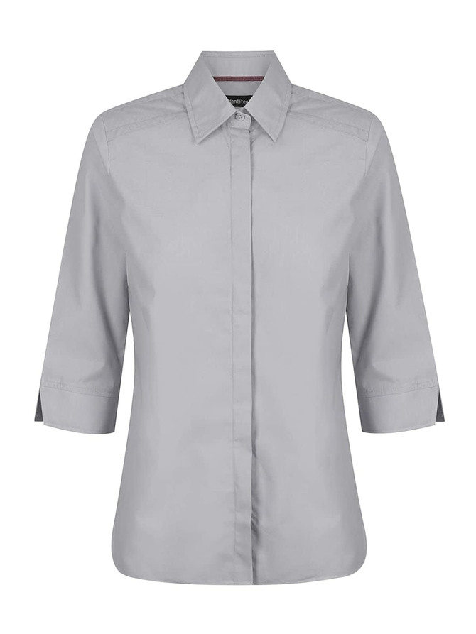 A grey ladies' button-up shirt with 3/4 sleeves and a collar, featuring a brand logo.