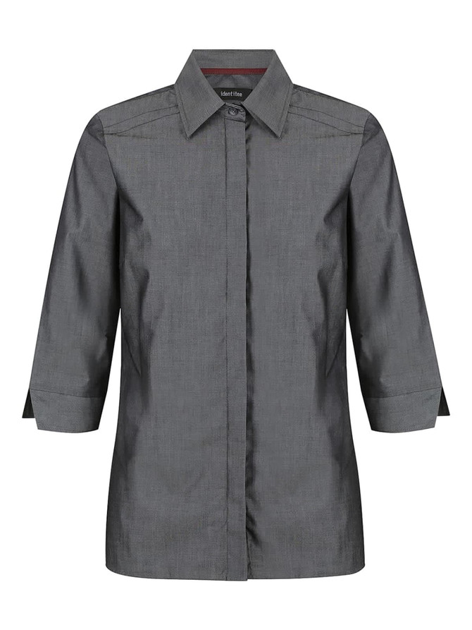 A grey ladies' 3/4 sleeve button-up shirt featuring a collar and a logo.