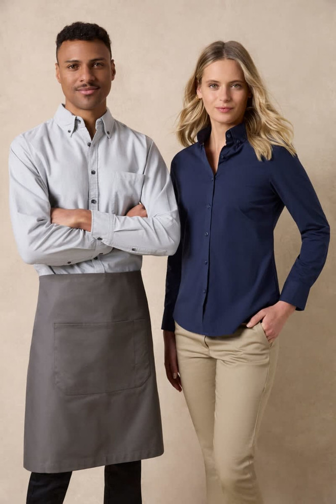A long sleeve button-up shirt in grey and navy, displayed on a male and female model. Both models have logo branding.