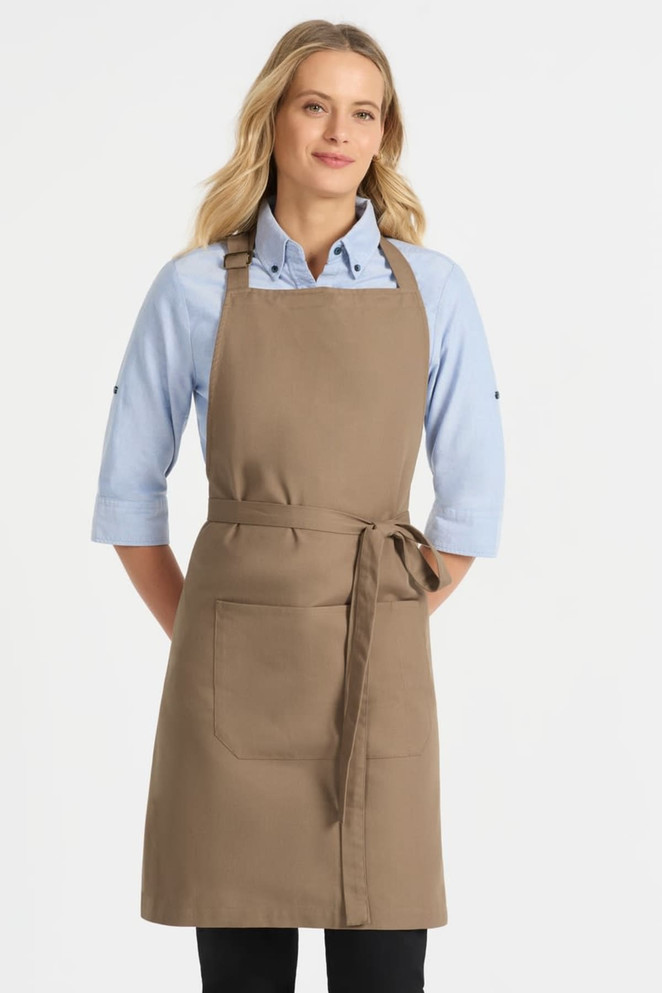 A light blue button-up shirt with 3/4 sleeves, paired with a brown apron featuring a front pocket and tie.