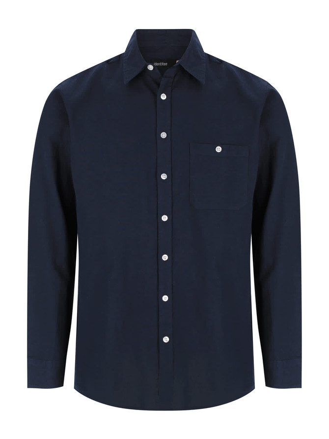 A men's long sleeve button-up shirt in dark navy with a single chest pocket and white buttons.