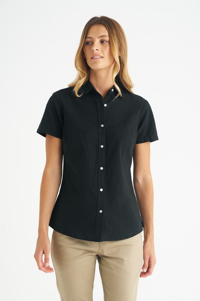 A black ladies short sleeve shirt with a collared neckline and button front, featuring a logo.