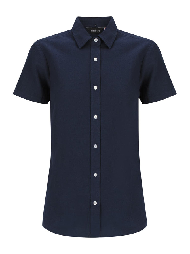 A navy short sleeve shirt with a button-up front and a collar, featuring a logo on the label.