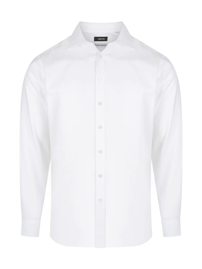 A white long sleeve button-up shirt featuring a classic collar and a logo on the label.