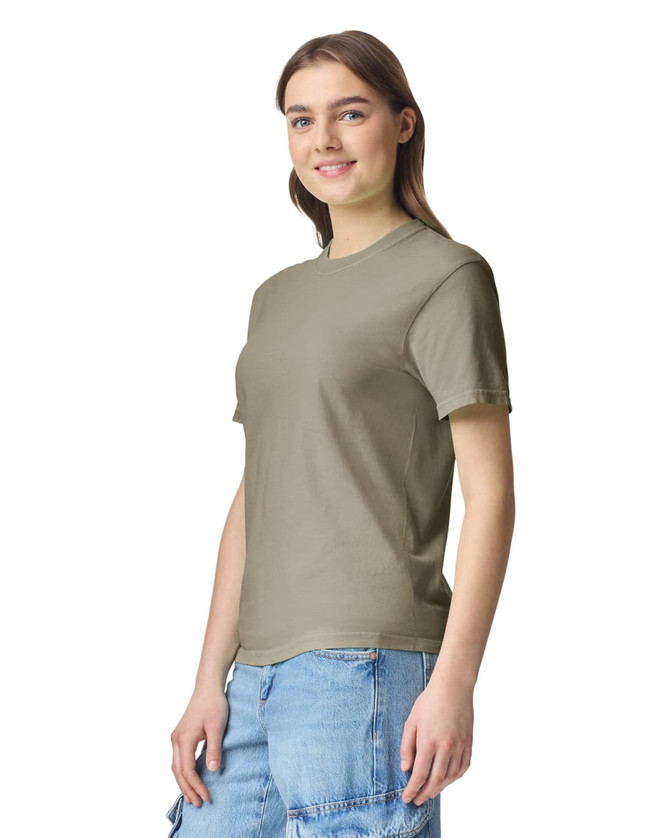 A lightweight heavyweight t-shirt in khaki, featuring a simple design and short sleeves. Includes a logo on the shirt.