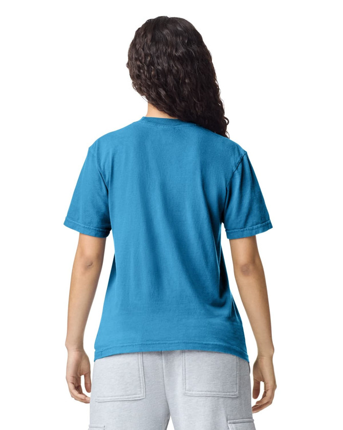 A blue heavyweight adult t-shirt viewed from the back, featuring a logo on the neck area.